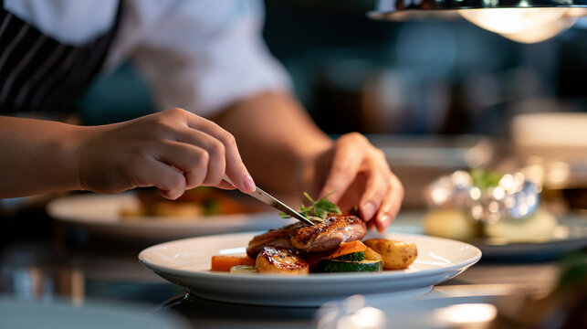A faceless person plating baked duck with vegetables and foil-wrapped potatoes, a la carte fine dining preparation concept, with copy space