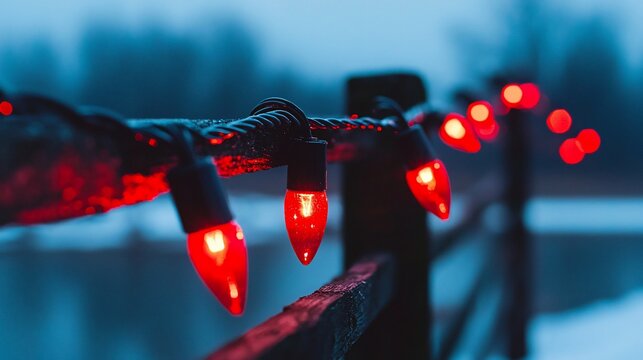 Red Christmas lights strung on a wooden fence in the snow.