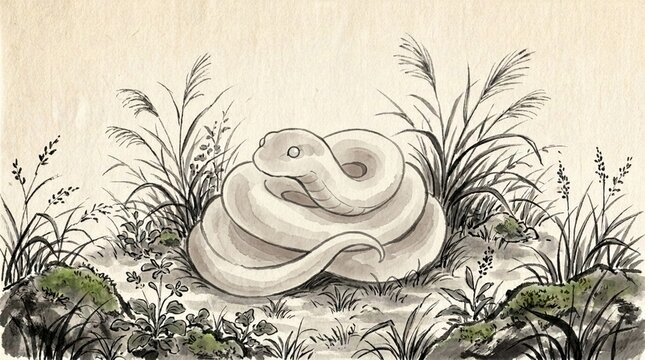 水墨画風イラスト_草むらにいるヘビ