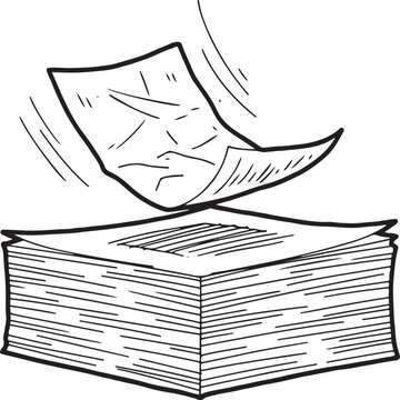 Large stack of office paper documents with one flying sheet sketch line art concept vector illustration