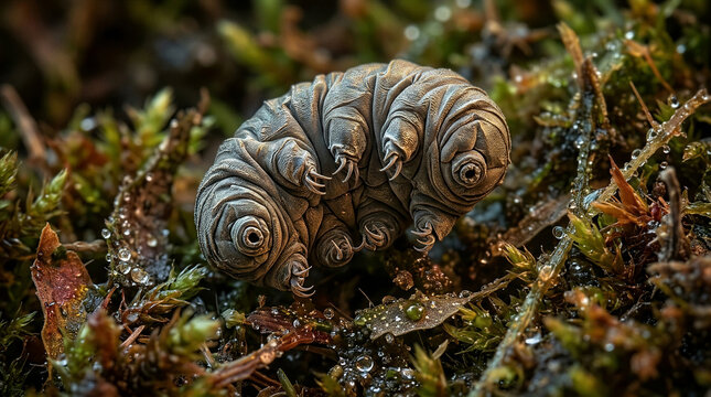 Tiny microscopic tardigrade water bear in dehydrated tun state on natural moss scanning electron micrograph micro-landscape cinematic outdoor