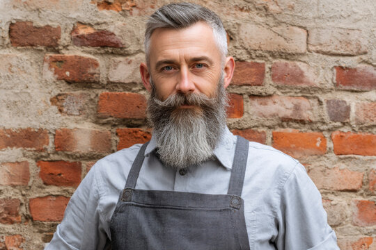 A man with a gray beard and mustache wearing an apron stands in front of a brick wall, looking at the camera