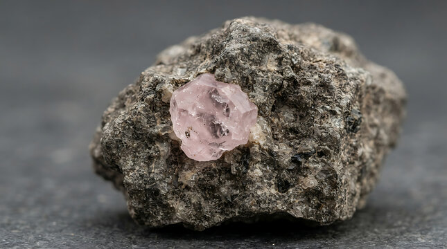 Pink crystal embedded in a rough grey host rock matrix rests on a dark slate surface, displaying its natural mineral structure.