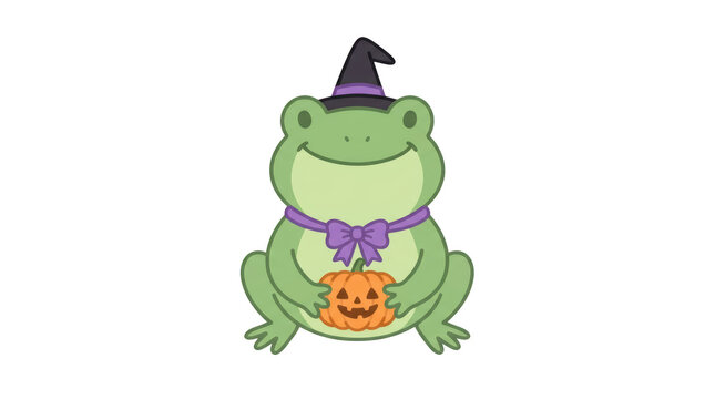 Cute cartoon frog wearing a witch hat holding a pumpkin isolated on transparent background