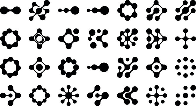 Vector set of abstract digital technology network connections and black molecule shapes logo icons
