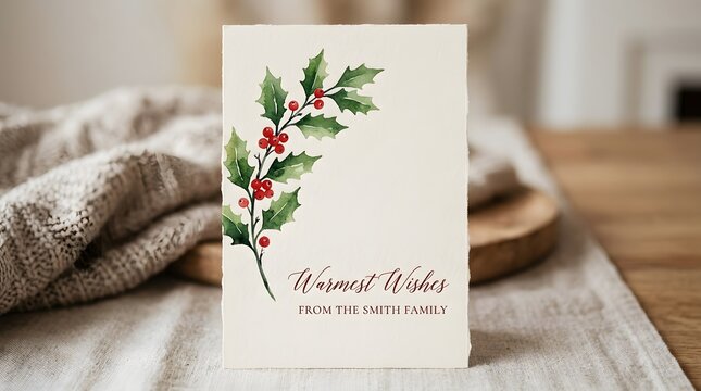 Watercolor christmas greeting card with a holly branch and warmest wishes text from the smith family, placed on a wooden table with a cozy blanket