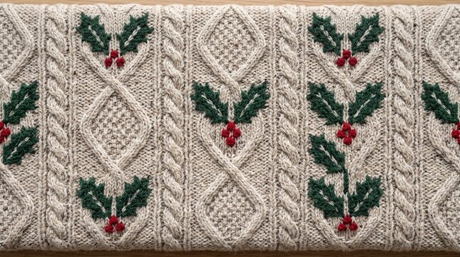 Knitted fabric texture with cable knit pattern and holly embroidery for cozy winter fashion and apparel design background