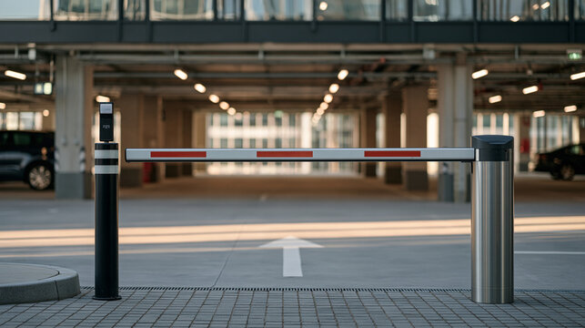 Freshly installed automatic boom gate barrier at the entrance of an underground corporate building car park, access card reader mounted on bollard, painted arrow on ground,