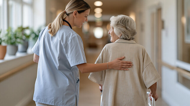 Geriatric care nurse helping frail elderly woman walk slowly down long care facility hallway, supportive hands guiding every step, afternoon light streaming through windows,