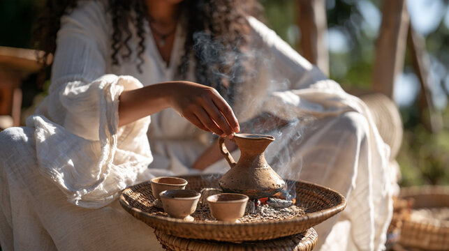 Middle-aged Ethiopian woman seated on a low stool outdoors performing a traditional coffee ceremony, clay jebena pot over glowing coals, three small handleless cups arranged on a