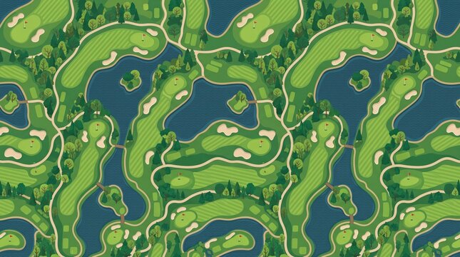 Aerial view golf course seamless vector pattern featuring lush green fairways and water hazards