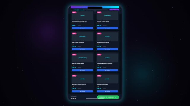 A pristine commercial-grade 4K motion graphic featuring a modern smartphone centered in a cinematic dark atmospheric room with blue and purple neon rim lighting and ambient floating particles