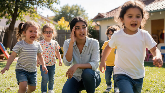 A concerned caregiver watches diverse children playing in a sunny outdoor garden. One emotional toddler cries, creating a relatable family moment