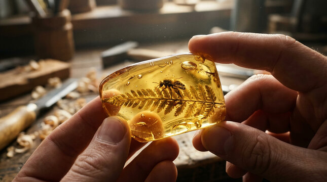 Golden amber piece held by hands on rustic workbench revealing fossilized prehistoric insect on fern frond with micro air bubbles refraction