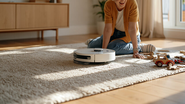 An elderly woman laughs in warm indoor light at a small robot vacuum bumping against a child's toy car, the scene shown as a before and after concept with the clean floor on one