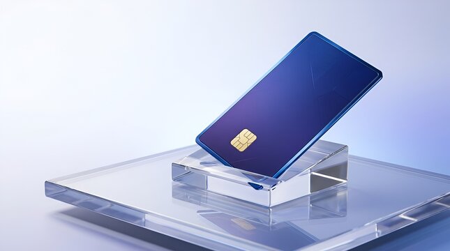 Dark blue credit card resting on a clear glass display stand with financial presentation banking product emv chip digital banking money management cashless paymen