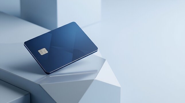 Floating dark blue credit card over geometric white blocks with emv chip digital banking money management cashless payment method modern banking business