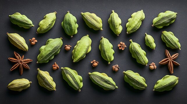 Green cardamom pods and spices