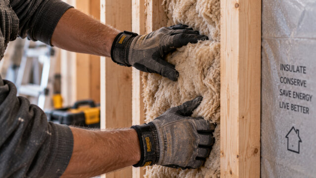 Worker pressing fibrous insulation between timber studs in an unfinished interior wall, soft construction site light. Documentary lifestyle photography for sustainability in green building.