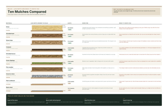 Garden mulch materials compared by depth use and drawback