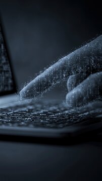 A digital hand composed of binary code types on a laptop keyboard against a dark background.