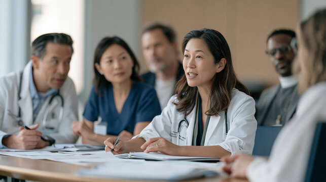Hospital ethics committee meeting in conference room, multidisciplinary professionals including physician, nurse, social worker and chaplain seated around oval table reviewing