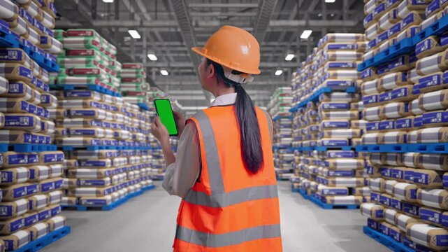 Back View Of Asian Female Engineer With Safety Helmet Working On A Green Screen Smartphone And Looking Around at Warehouse Stacked Cement Bags Pallets