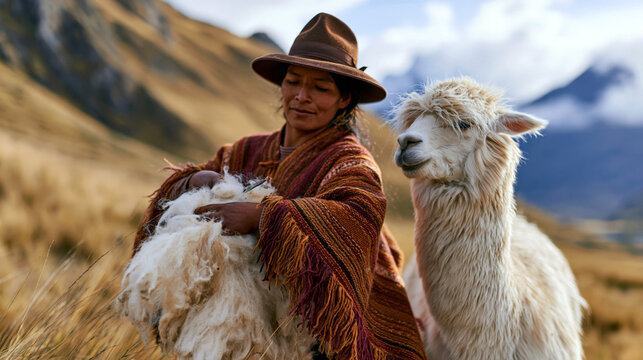 Woman in woven poncho and hat sorts soft alpaca fleece beside grazing alpaca in Andes highlands. Traditional wool craft with golden mountain light.