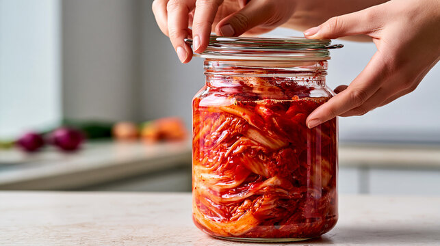 Hands lifting glass lid from jar of vivid fermented kimchi. Korean spicy cabbage dish, probiotic condiment with active fermentation bubbles.