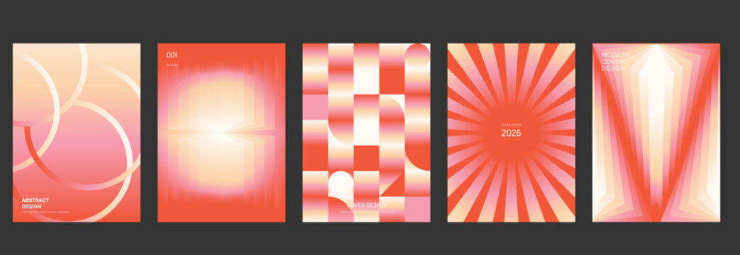 Retro futuristic vector poster template set with coral orange red gradients, geometric rays and soft glowing abstract backgrounds