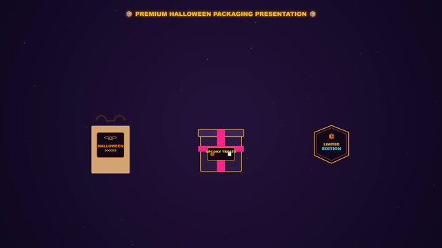 A pristine commercial-grade 4K motion graphic showcasing generic Halloween packaging design including a gift box, paper bag, and product label. Decorated with hand-drawn vector pumpkins, ghosts, bats,
