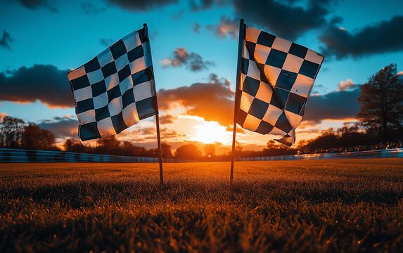 Two checkered flags waving in the wind at sunset on a racetrack.