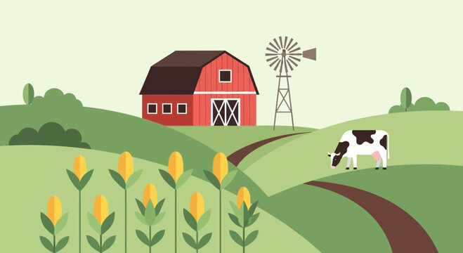 Rural farm landscape vector illustration, red barn and windmill on green hills, agricultural countryside background with cornfield and grazing cow