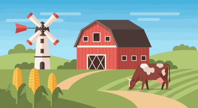 Flat farm landscape with red barn and windmill, rural countryside with grazing cow and corn field, agricultural vector illustration for organic food branding