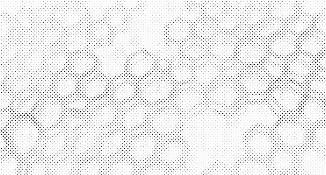 Black and white halftone pattern with irregular circular shapes, stippled texture, and varying dot density on a white background