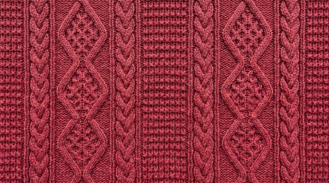 Knitted fabric photo with red cable knit texture and winter woolen textile background pattern