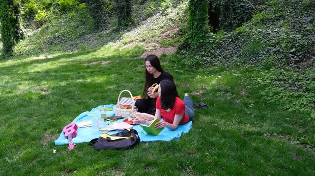 Cheerful girlfriends enjoy fresh fruit and make thoughtful notes in small notebook. Relaxed atmosphere during peaceful picnic in sunny park