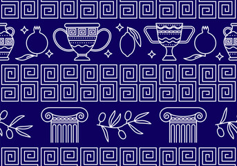 Obraz premium Greek vases seamless pattern, blue Mediterranean seamless pattern. Mythology, Greek seamless pattern
