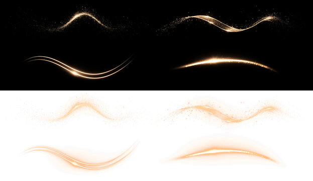 Set of transparent png golden light trails and glowing waves with sparkling dust. Luminous curved lines and lens flares isolated on black and transparent backgrounds. Graphic design overlay elements.