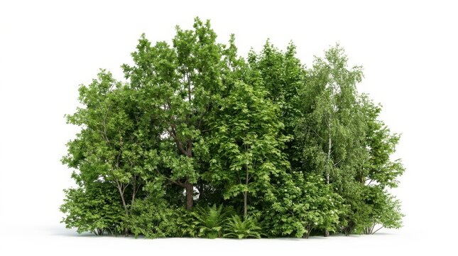 Lush Green Forest Bush Cluster with Diverse Deciduous Trees and Undergrowth Isolated on White Background for Landscape Architecture Design