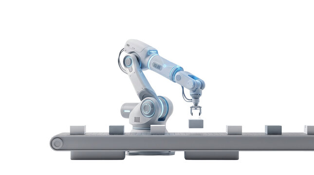 Industrial robotic arm on conveyor belt, automated manufacturing robot assembly line, futuristic smart factory technology for production isolated PNG with Transparent Background