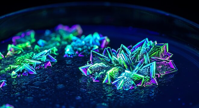 Iridescent Crystalline Structures Under UV Light, Close-Up