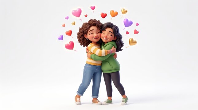 Two happy cartoon friends hugging surrounded by colorful hearts on a white background