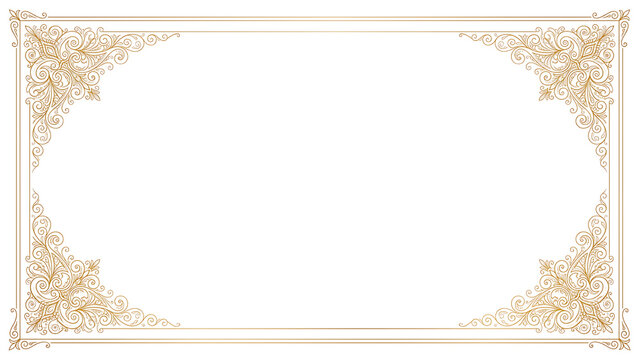 Luxurious gold glitter decorative border frame with intricate corner scrollwork on as transparent cutout