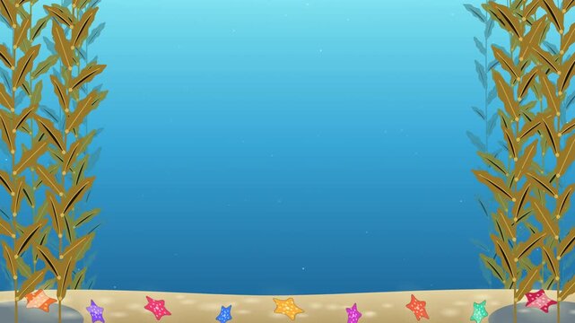 Giant kelp swaying in crystal clear blue over sea stars seamless loop