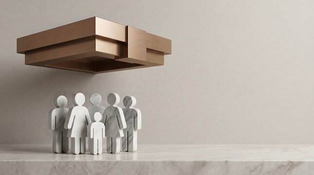 Marble family figures standing under a bronze protective square roof