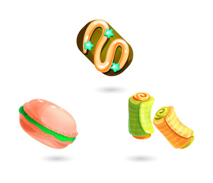 Colorful dessert icons including macarons and pastries transparent background