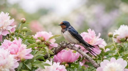 Obraz premium Barn swallow perched on a blooming peony branch in a spring garden