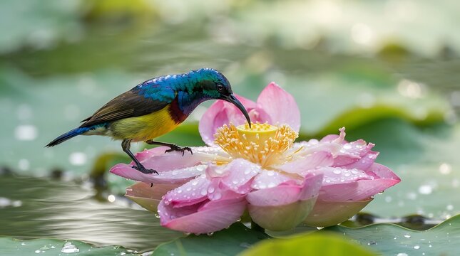 Sunbird perched on a blooming pink lotus flower in a pond with natural light