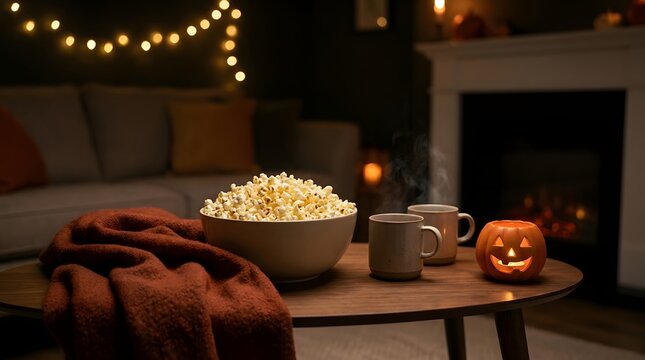 Popcorn Bowl and Mug in a Cozy Autumn Living Room with Glowing String Lights